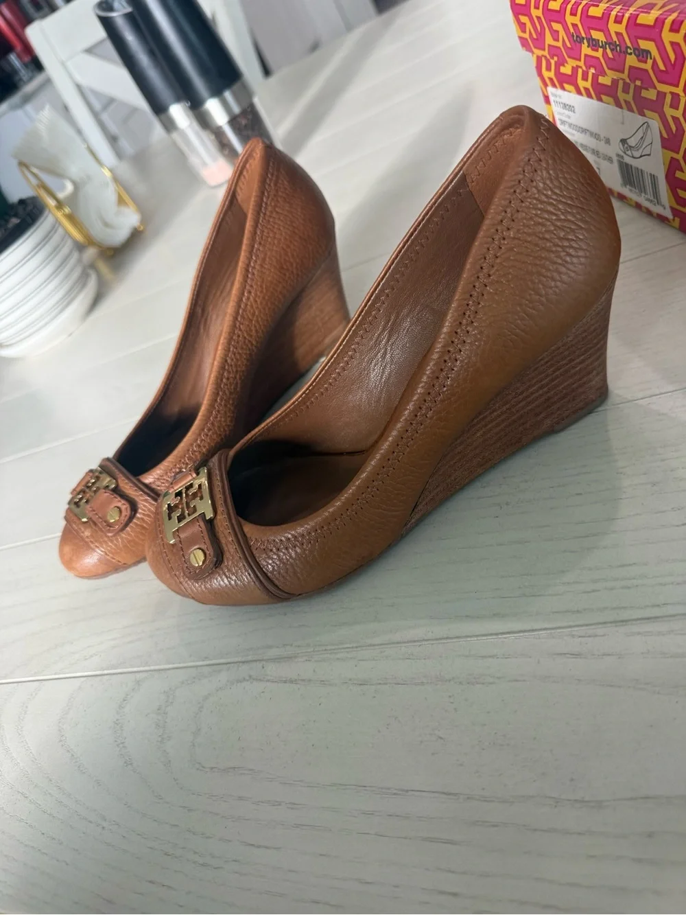 Tory Burch Tan Leather Logo Peep-Toe Wedges